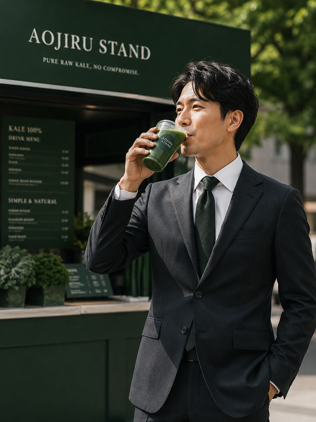 スーツ姿の男性が青汁を飲むカット